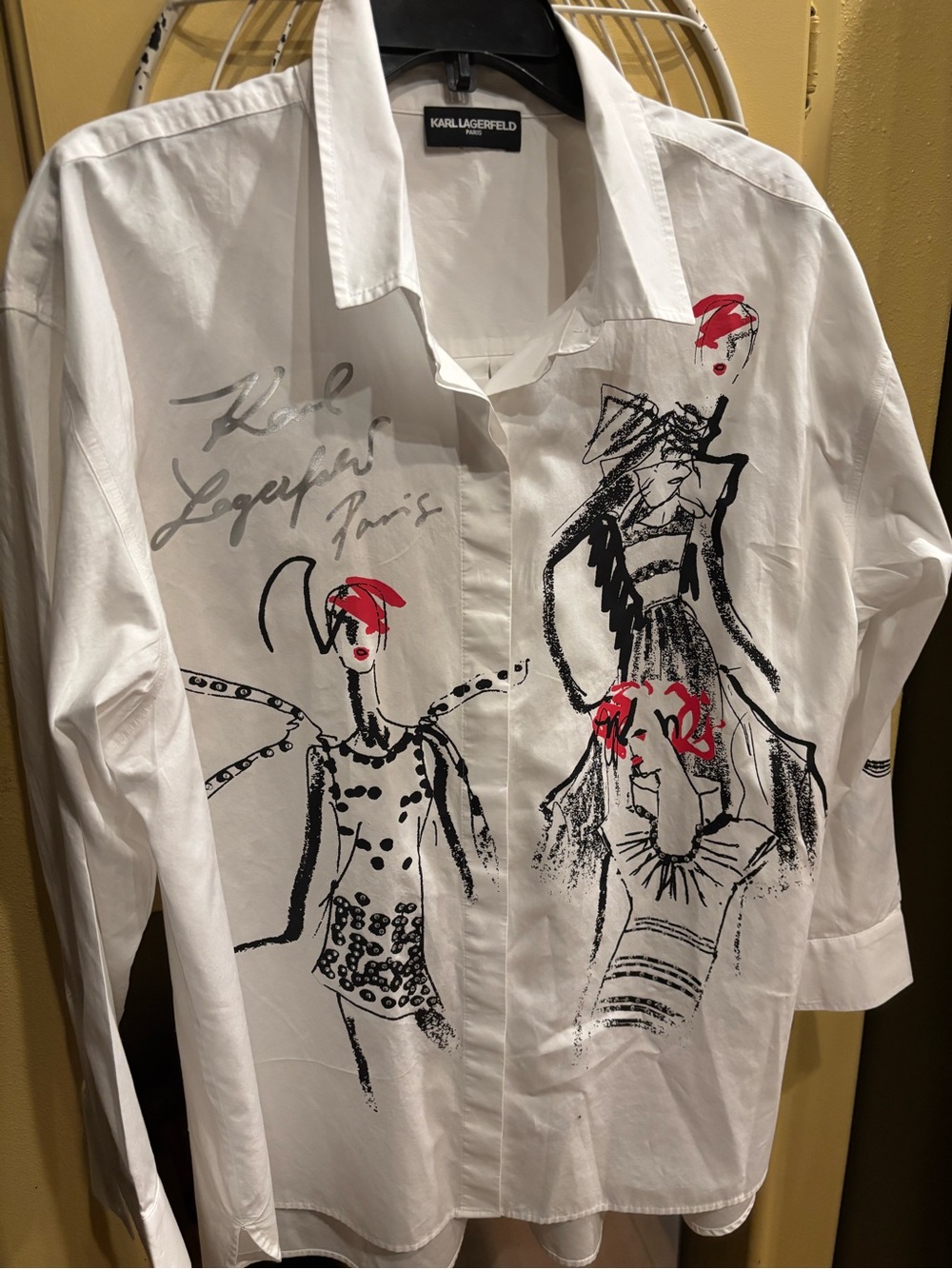 Karl Lagerfeld White Button-Down Shirt with Black Sketch & Red Accents